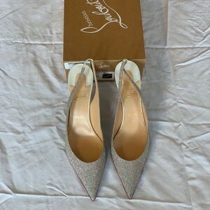 Christian Louboutin Clare Silver Glitter and White Heel Slingback, Size 42!